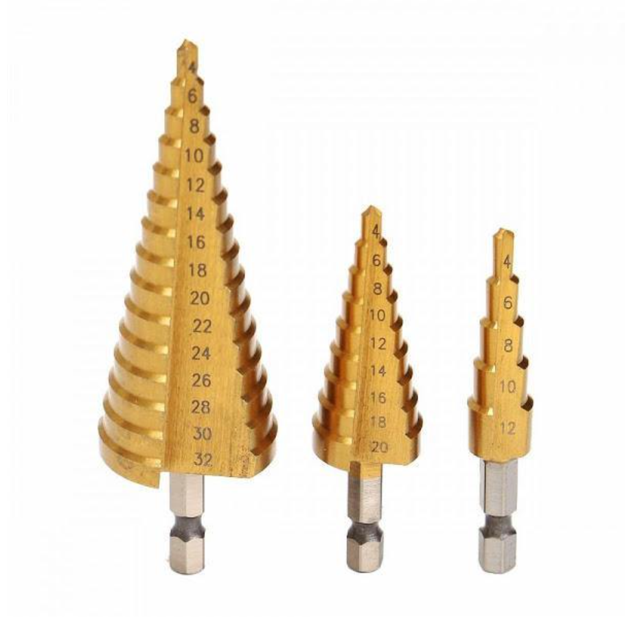 Set 3x Burghiu, spiral conic 4-32 mm, conic metal in trepte