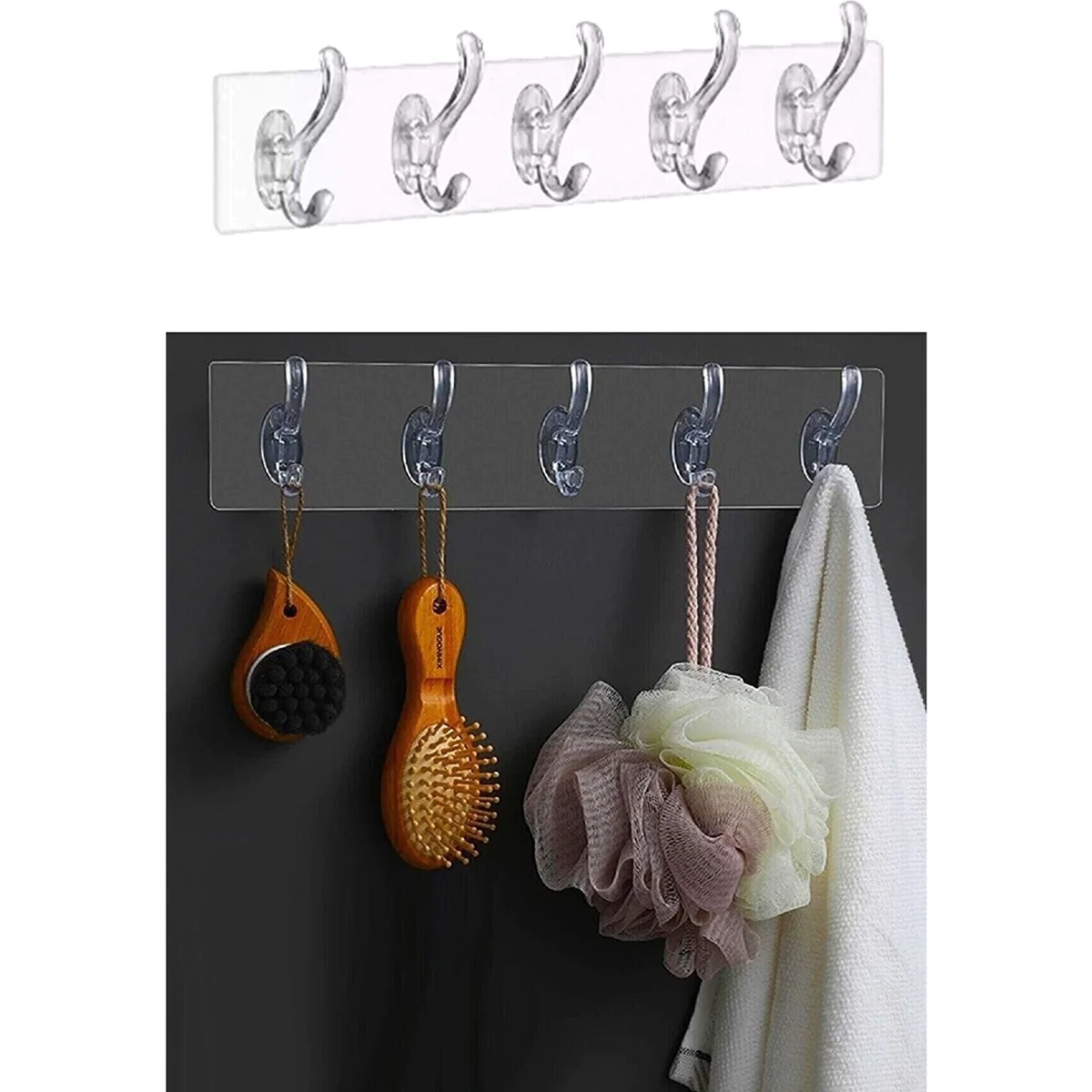 Cuier, tip banda cu adeziv, cu 6 agatatori, din plastic, transparent