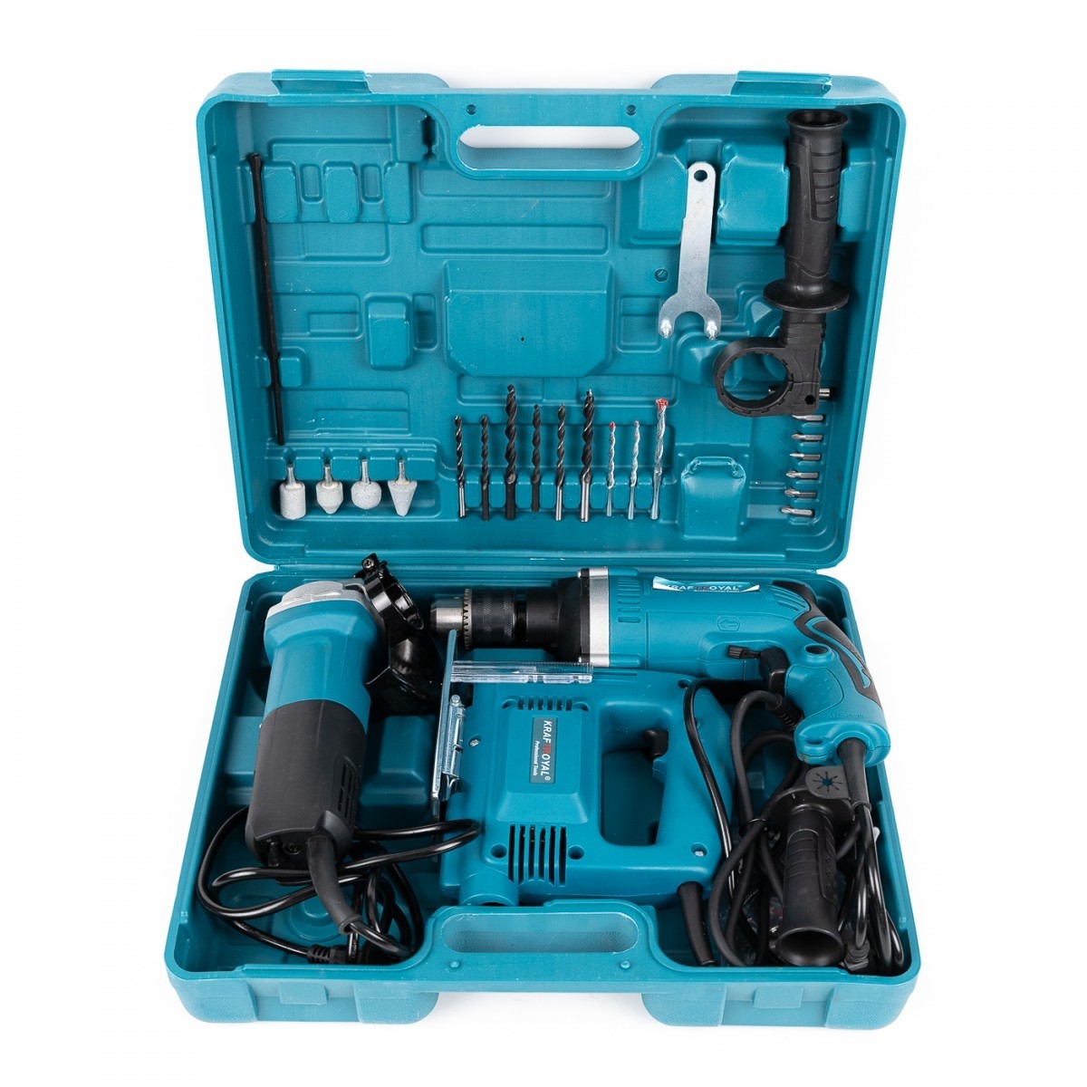 Trusa 3 scule Kraftroyal la 220V: Polizor unghiular, Fierastrau pendular, Bormasina si accesorii