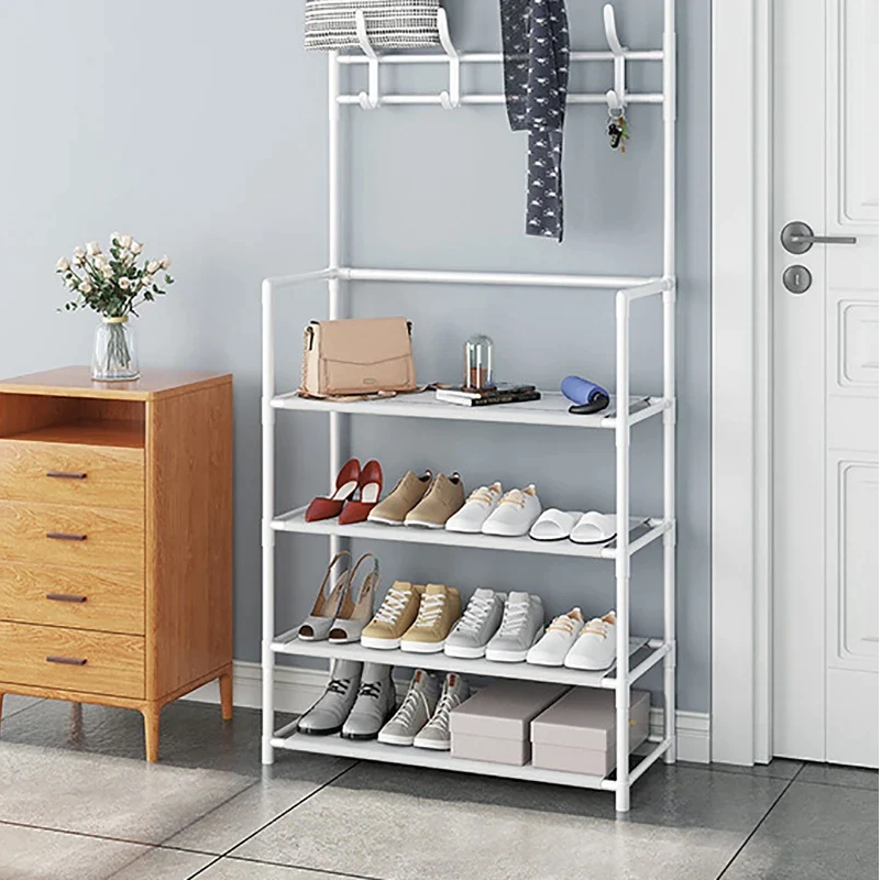 Cuier din plastic, pentru haine cu suport pantofi, 4 rafturi