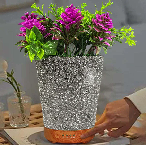 Umidificator/Difuzor in forma de ghiveci cu flori, cu oprire automata, 7 culori programabil