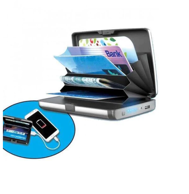 Portofel antiscanare carduri, cu acumulator si protectie