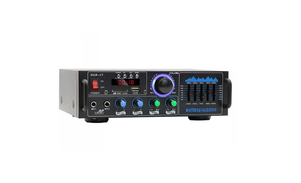 Amplificator bluetooth digital, tip Statie, 2x60 W, intrari USB-SD, doua intrari microfon, BricoMall BM-AMPF17G