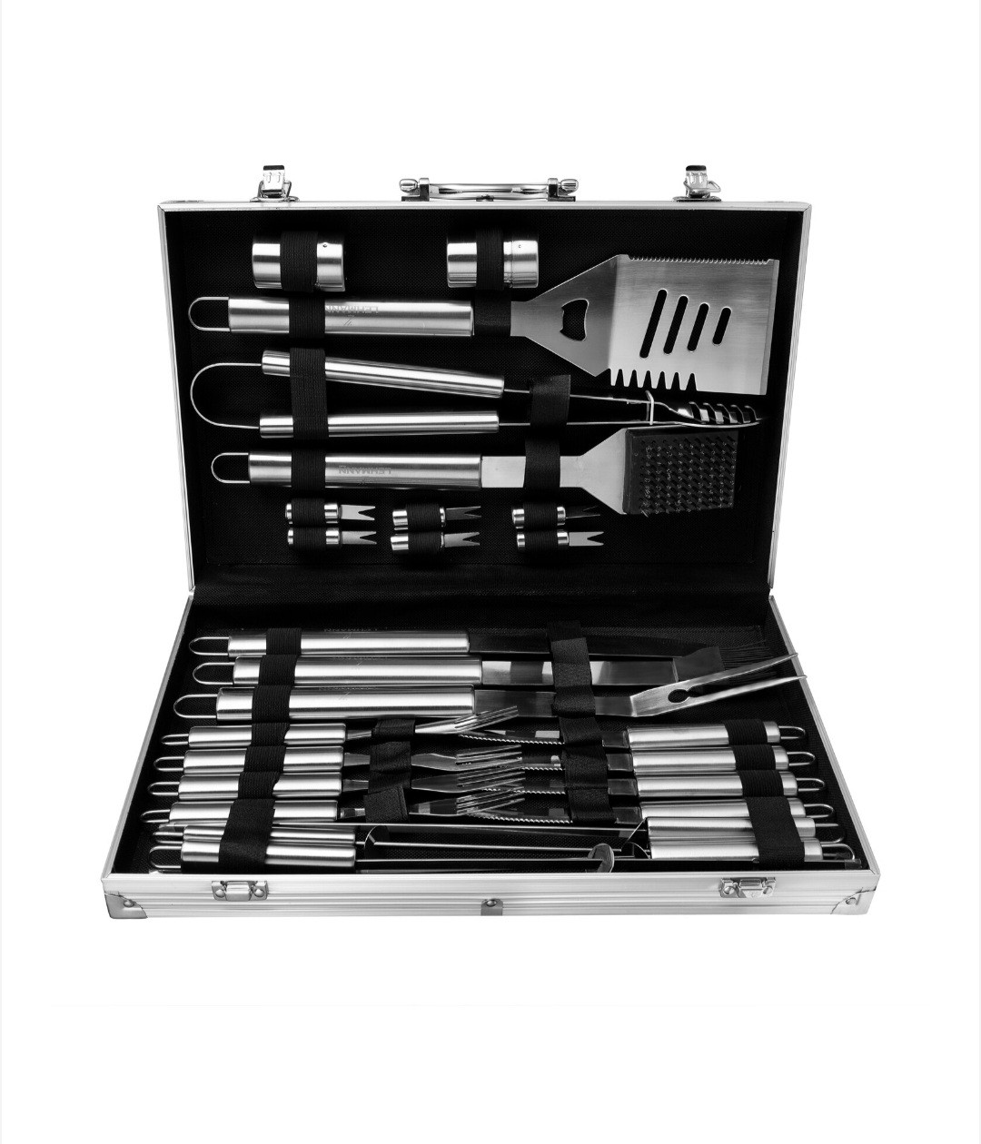 Set ustensile gratar, otel inoxidabil, 24 piese, servieta aluminiu