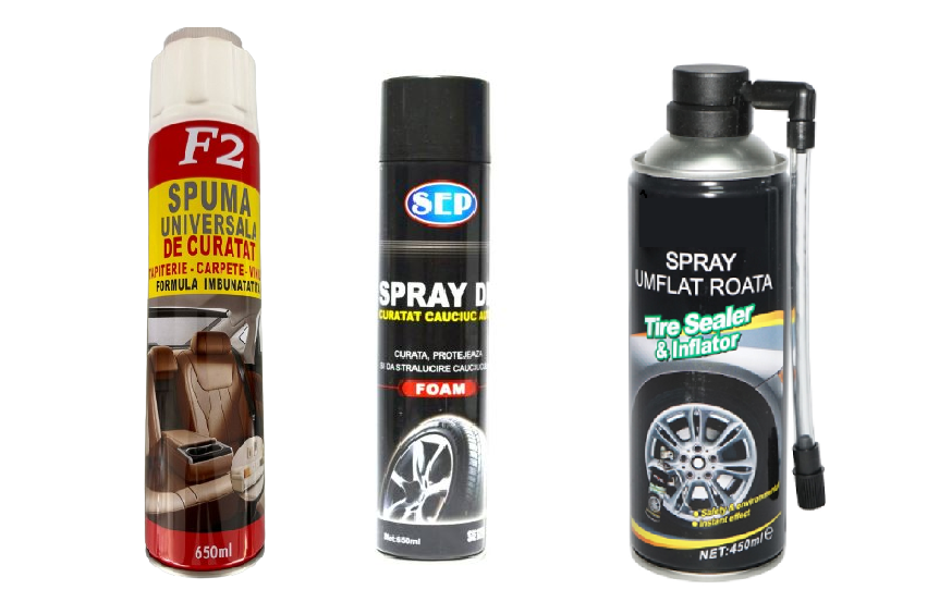 Set 3x Spuma curatat tapiterie, Spray solutie activa cauciucuri si Spray pentru reparat anvelope
