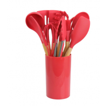 Set 12 ustensile din silicon pentru gatit cu maner din bambus rezistent