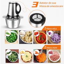 Tocator electric pentru carne si legume, 4 lame inox, 2 viteze, cu bol de inox inclus